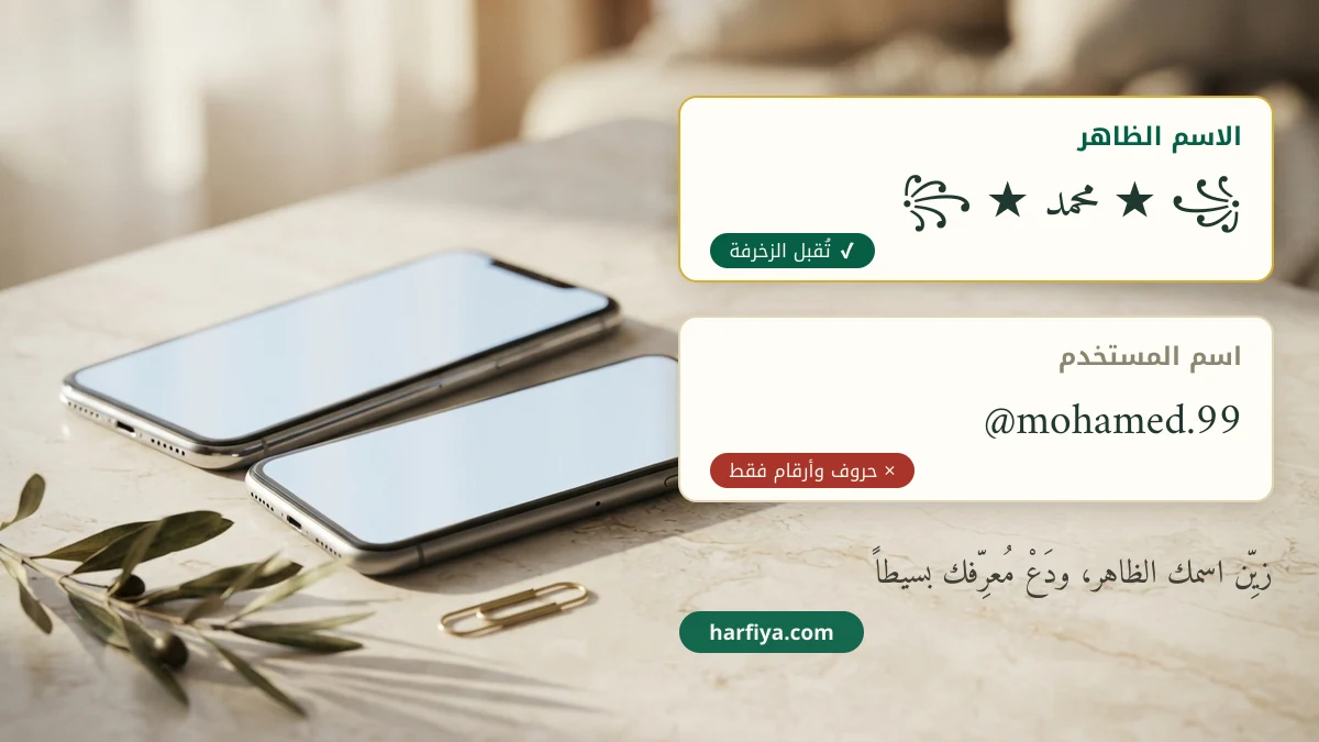 الفرق بين الاسم الظاهر واسم المستخدم في زخرفة الأسماء