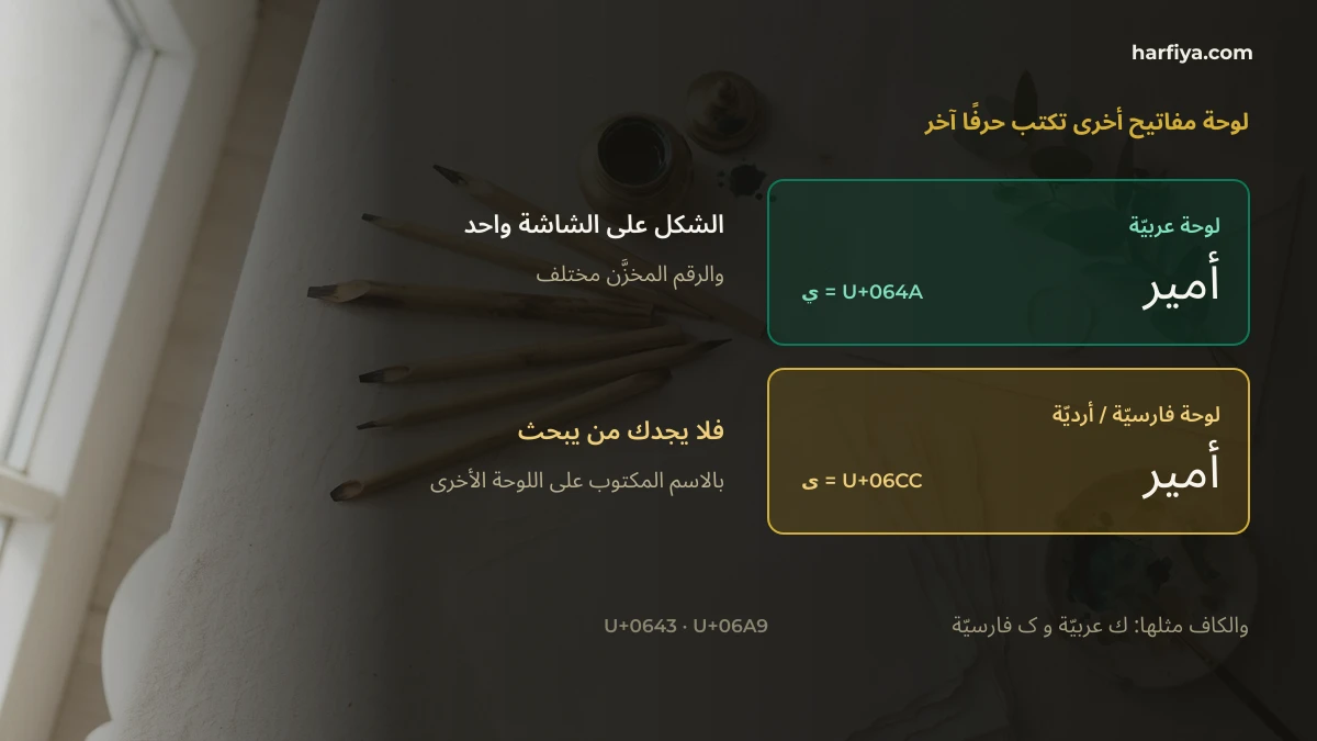 الاسم أمير مكتوبا بياء عربية وياء فارسية يبدوان متطابقين